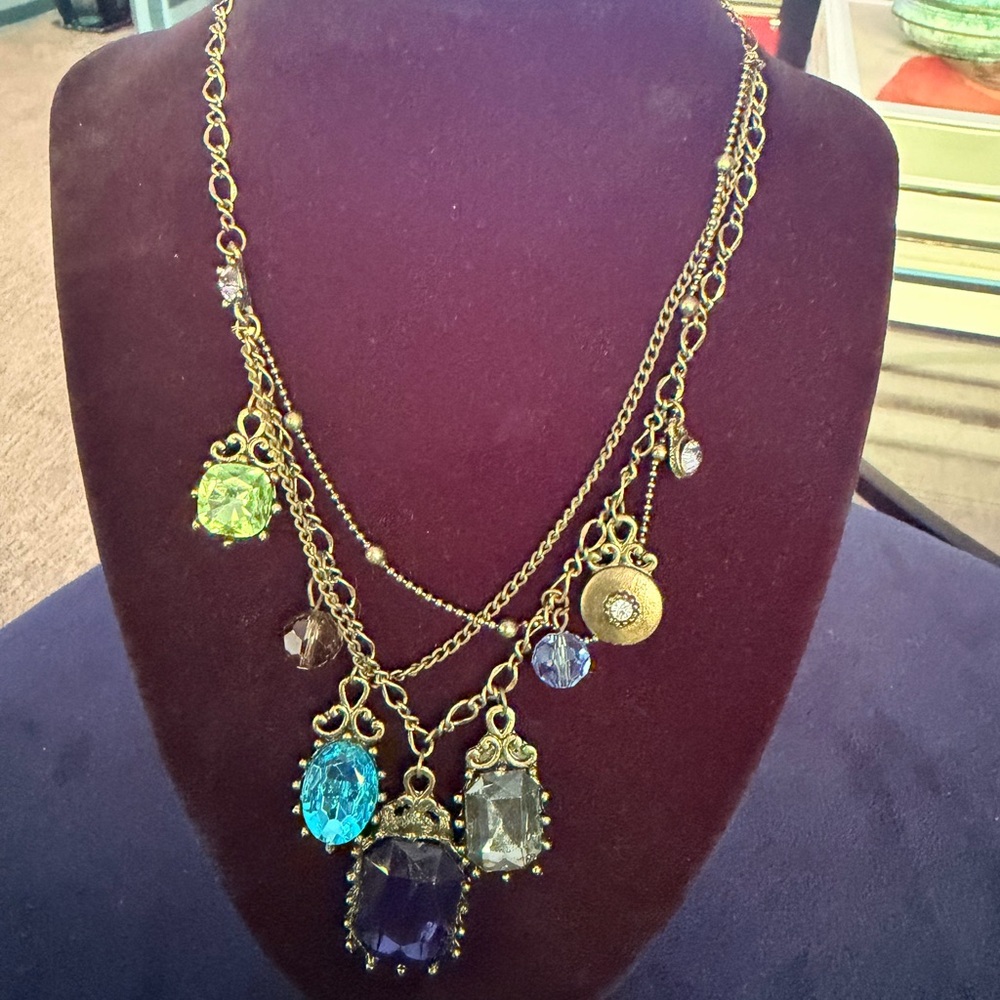 Gold-Tone Layered Pendant Necklace with Blue, Purple & Green Stones